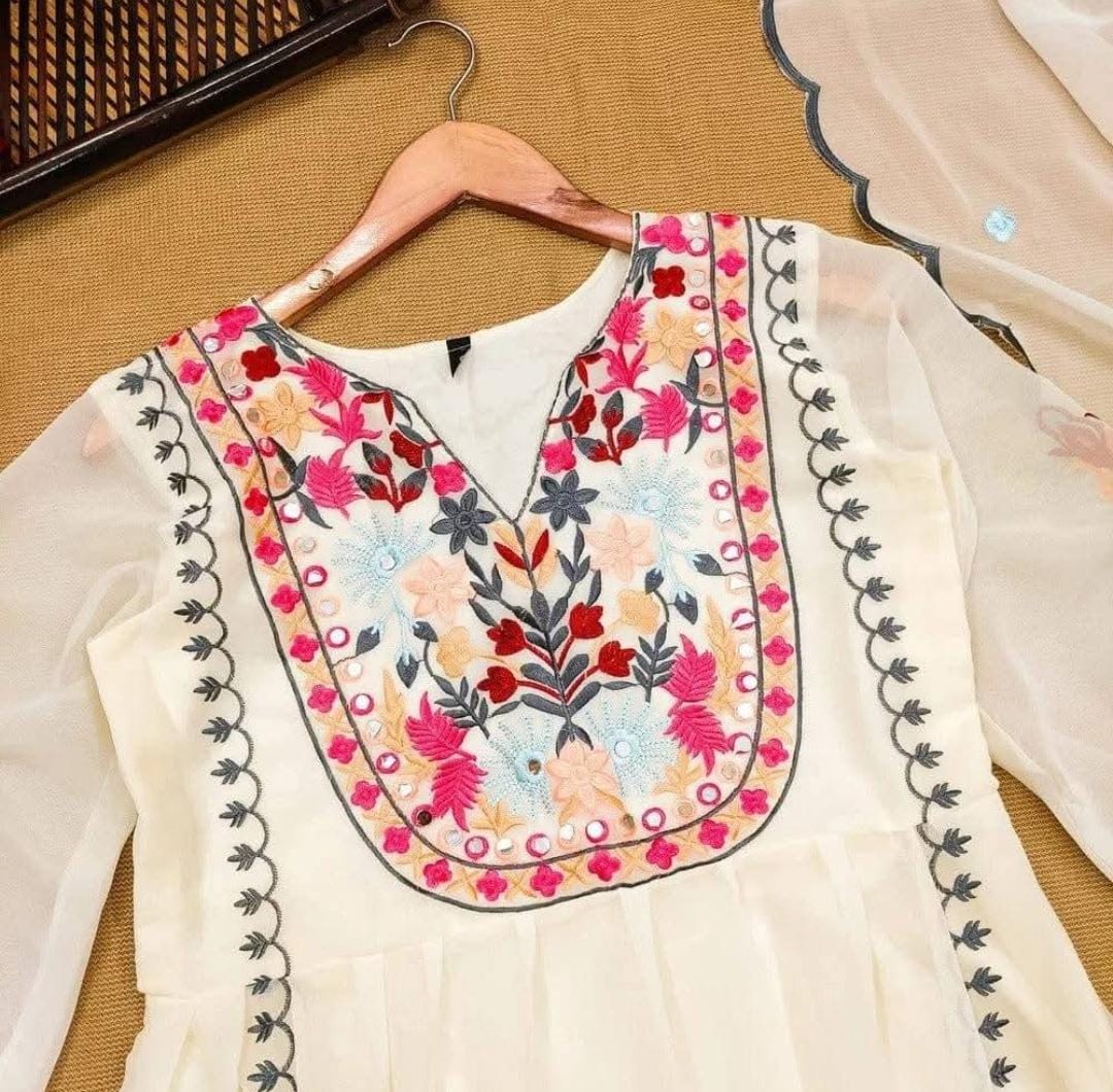 White Georgette Embroidered 3-Piece Suit Set - Flat Lay Neckline Embroidery Close Up