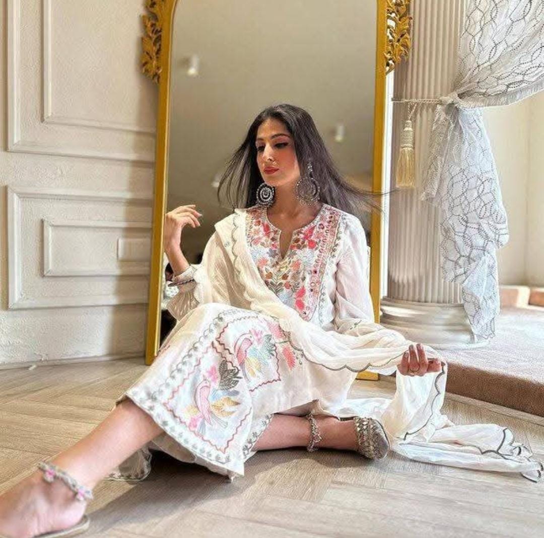 White Georgette Embroidered 3-Piece Suit Set - Model Seated Full Length View