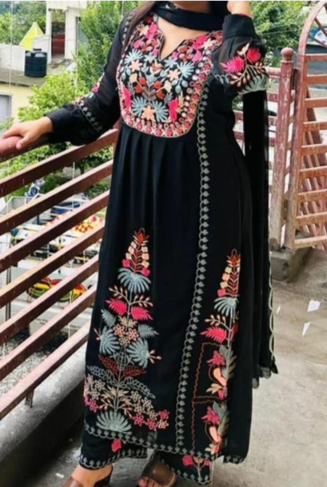 Black Georgette Embroidered 3-Piece Suit Set - Model Full Length Outdoor View