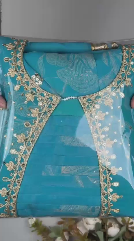 Designer Party Wear Teal Faux Georgette Heavy Embroidery Top, Sharara & Dupatta Set