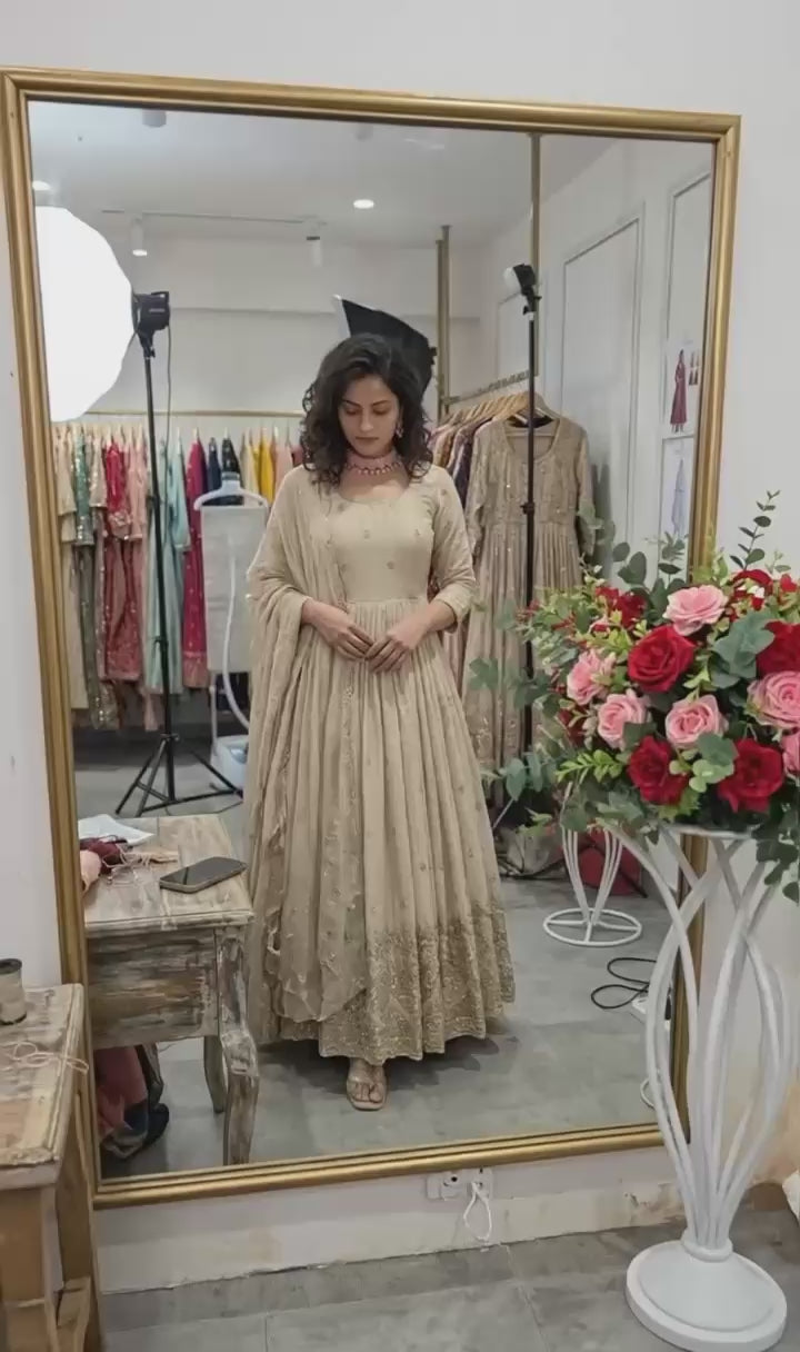 Cinon Silk Embroidered Gown with Pant & Dupatta