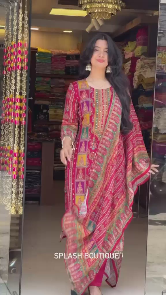 Desirable Maska Cotton Real Hand Mirror Work Kurti Pant & Dupatta Set