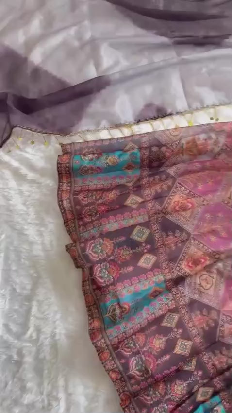 Multicolour Digital Print Organza Silk Anarkali Gown with Dupatta