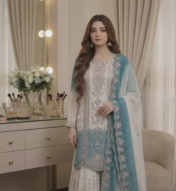 Designer Dual Tone Georgette Embroidery Kurti Plazzo & Dupatta Set