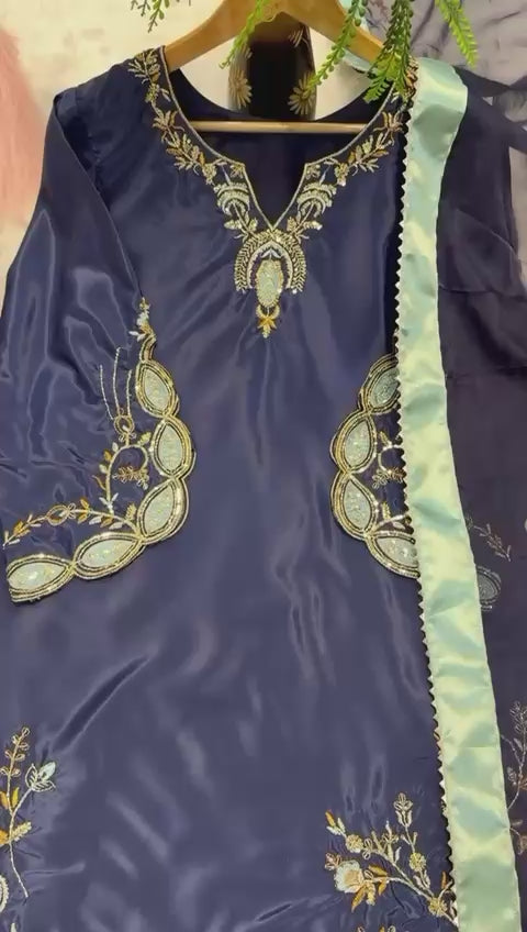 Designer Party Wear Natural Crepe Silk Top Sharara Palazzo & Dupatta Set