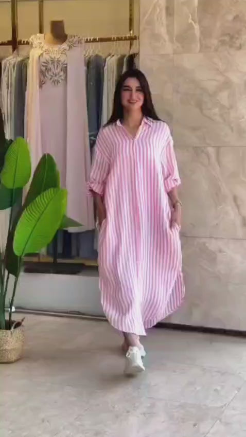 Baggy Style Striped Cotton Dress with Pockets