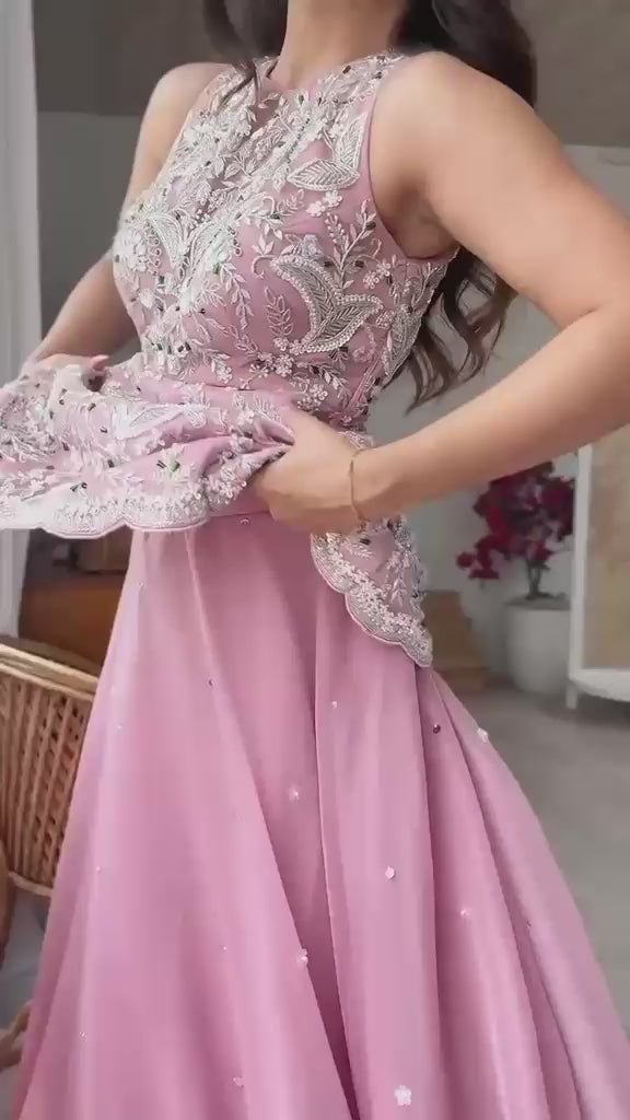 Rose Pink Embroidery Peplum Sharara Set | Faux Georgette