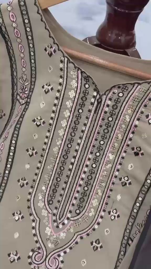 Beige Heavy Faux Georgette Embroidered Top Palazzo & Dupatta Set