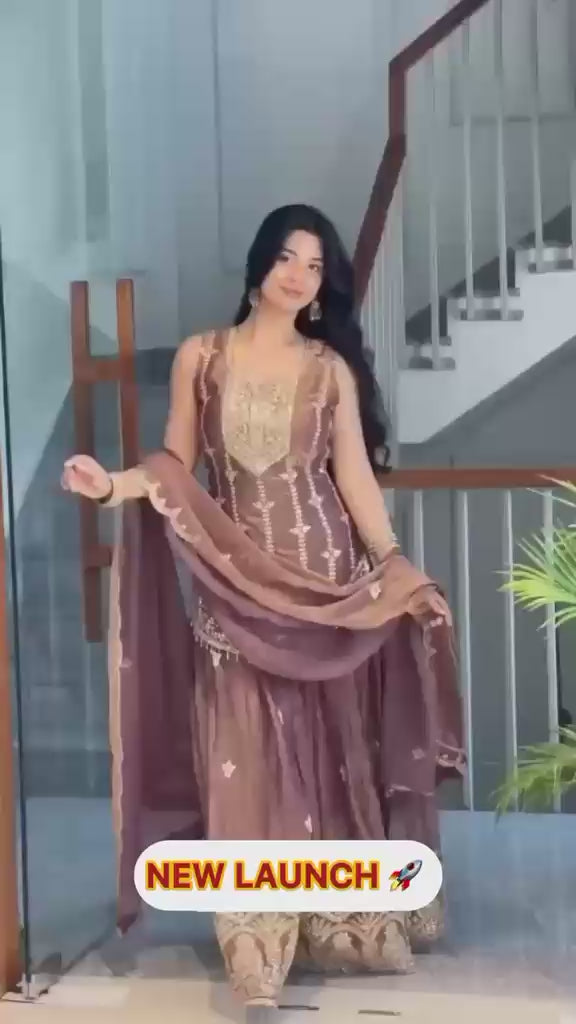 Mauve Heavy Fendi Silk Sequin Embroidered Top Sharara & Dupatta Set
