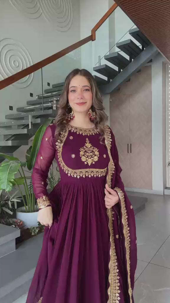 Premium Designer Faux Blooming Georgette Gown with Dupatta - Zari Thread & Sequins Embroidery
