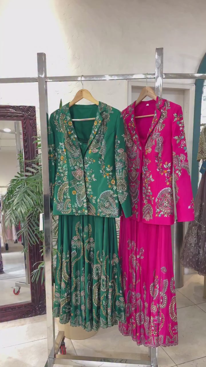 Chinon Silk Sequin Embroidery 3-Piece Palazzo Suit with Koti & Blouse
