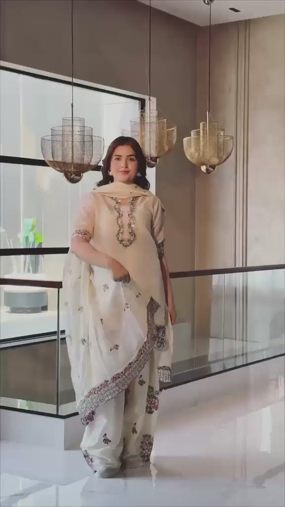 Pure Fendi Silk 3mm Sequence & Diamond Hand Work Farshi Palazzo Set with Dupatta