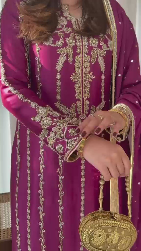 Magenta Heavy Natural Crepe Silk Embroidery Sequin Long Suit with Dupatta