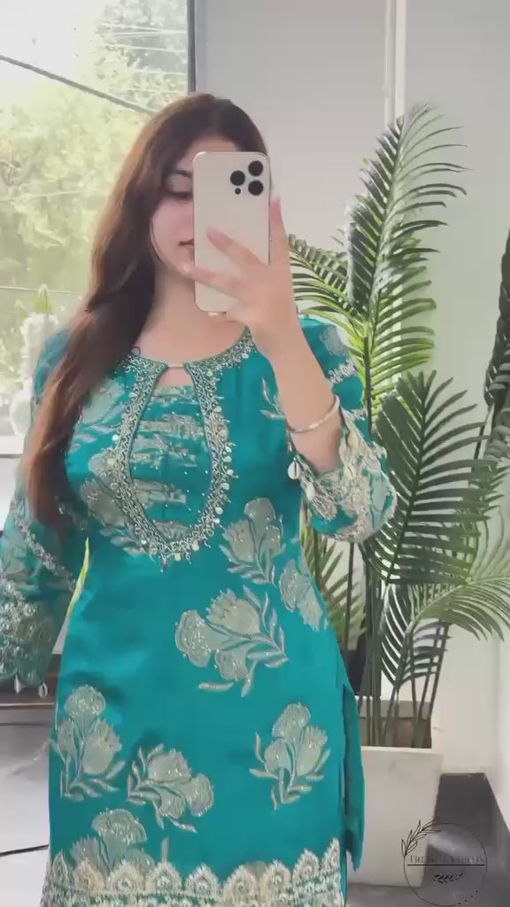 Designer Party Wear Teal Faux Georgette Heavy Embroidery Top, Sharara & Dupatta Set