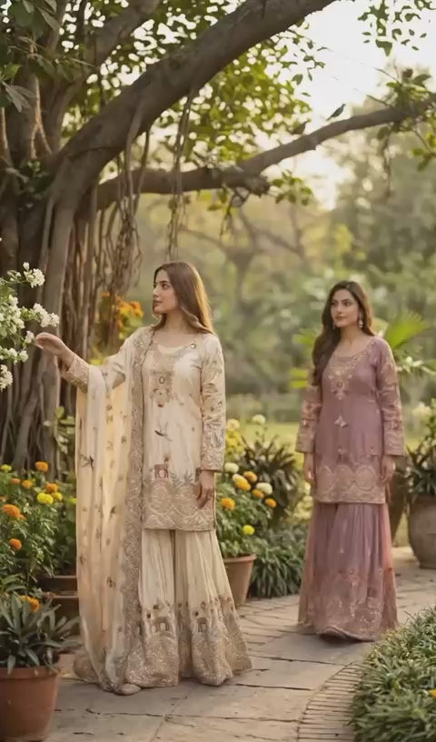 Embroidery & Sequins Pure Cinon Silk Sharara Set with Dupatta