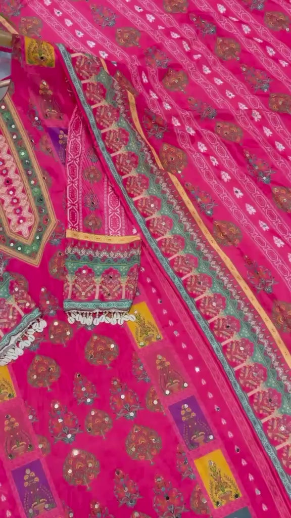 Desirable Maska Cotton Real Hand Mirror Work Kurti Pant & Dupatta Set