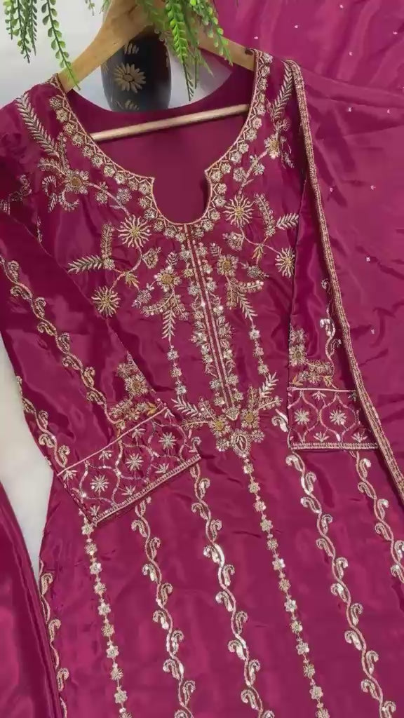 Magenta Heavy Natural Crepe Silk Embroidery Sequin Long Suit with Dupatta