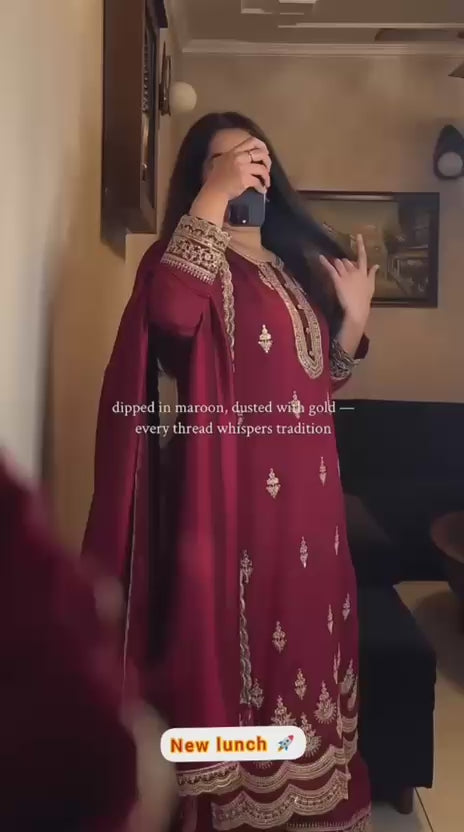 Maroon Natural Crepe Silk Heavy Embroidery Sequence Work Top Pant & Dupatta Set