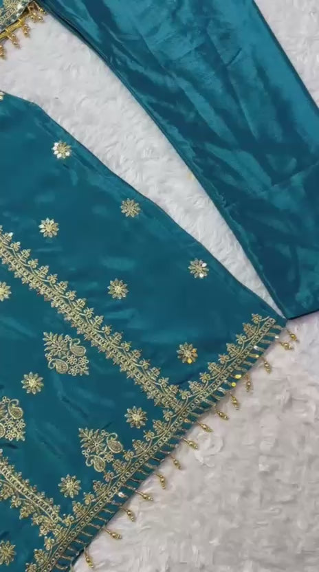 Teal Heavy Chinnon Silk Embroidery Coding Sequence 3-Piece Set with Dupatta