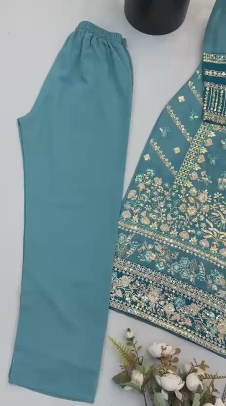Teal Fox Georgette Heavy Embroidery Sequin 3-Piece Suit - Fully Stitched