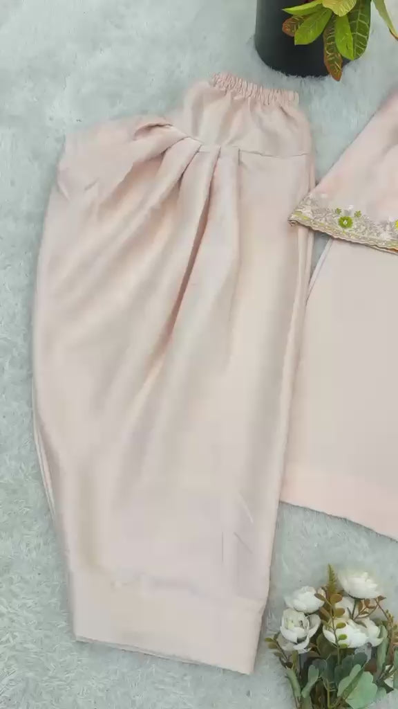 Peach Embroidered Salwar Suit Set with Mustard Dupatta