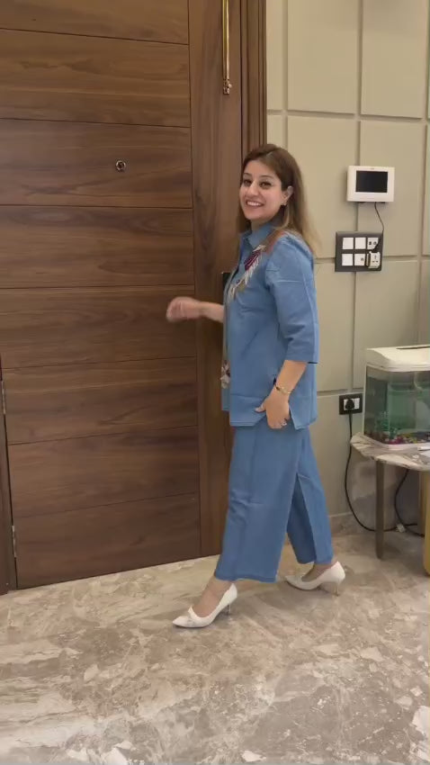 Designer Sequin Embroidered Cotton Denim Co-ord Set | Shirt & Pant