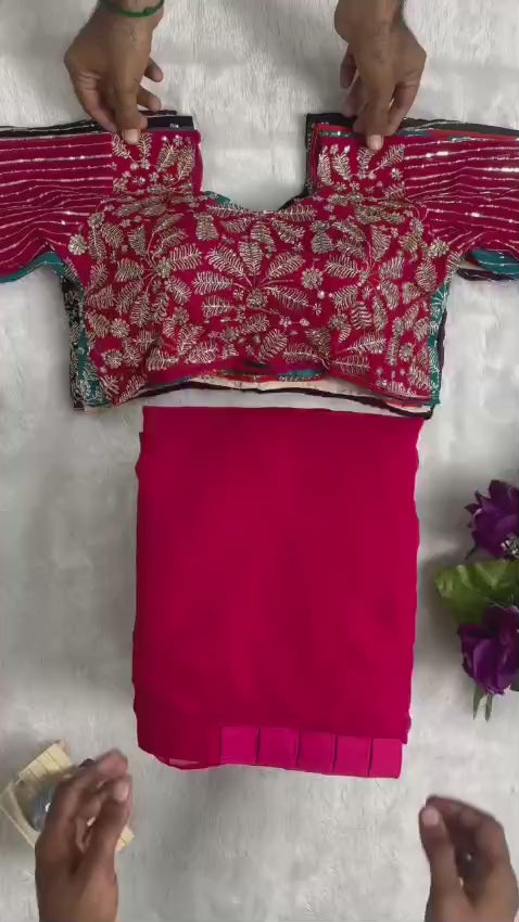 Ready To Wear Faux Georgette Saree with Heavy Gold Embroidered Stitched Blouse