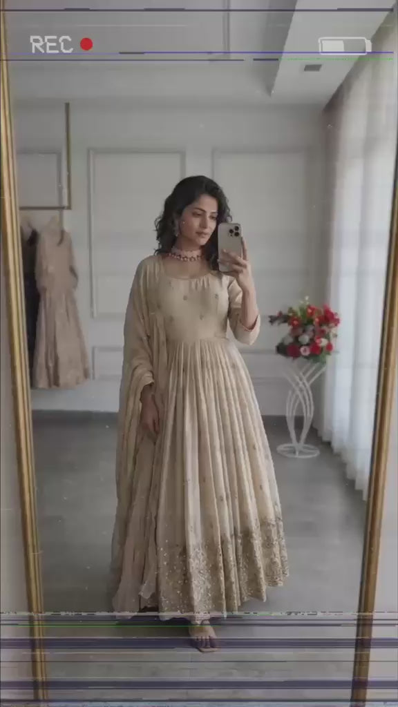 Trending Chinon Silk Gown, Pent & Dupatta Set with Real Mirror Work (Fully Stitched)