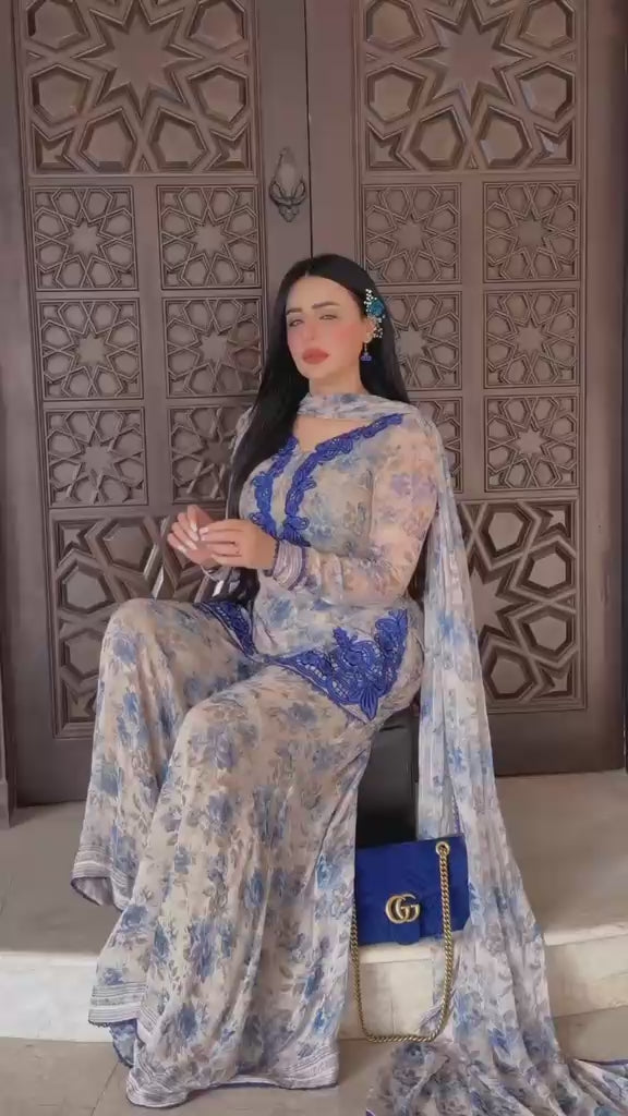 Designer Blue Floral Faux Georgette Embroidery Kurti Plazzo & Dupatta Set