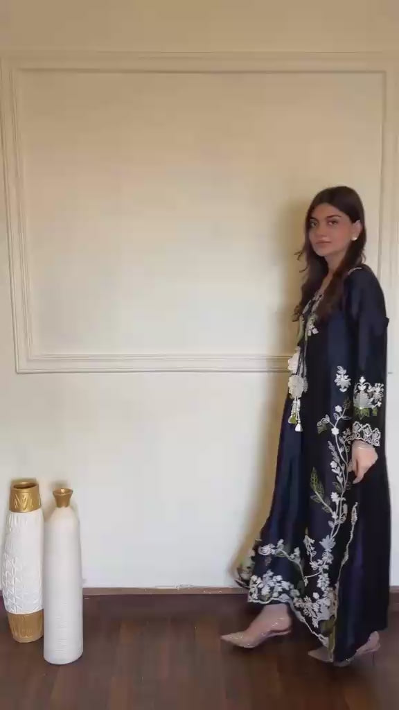 Designer Party Wear Navy Blue Satin Rayon Kaftan & Bottom with Dupatta Set