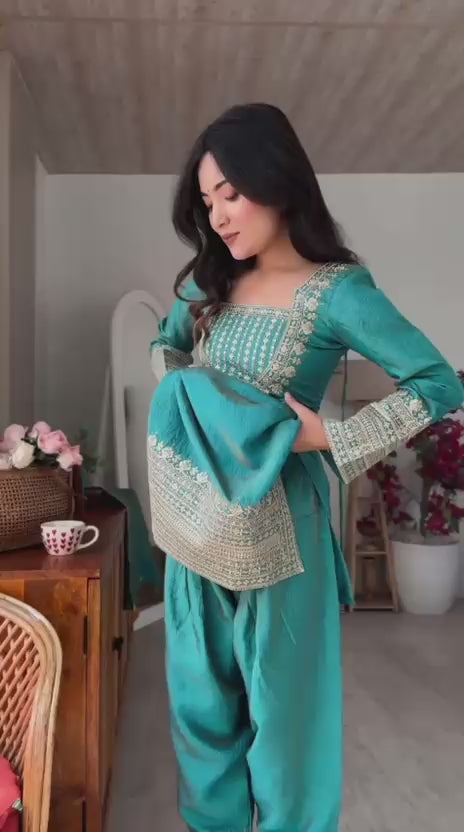 NC Vichitra Silk Embroidered Suit Set with Farshi Shalwar