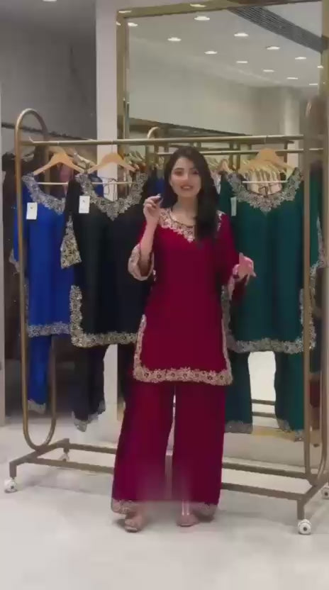 Designer Women's Ethnic Wear Blooming Faux Embroidery Sharara Suit Set with Dupatta