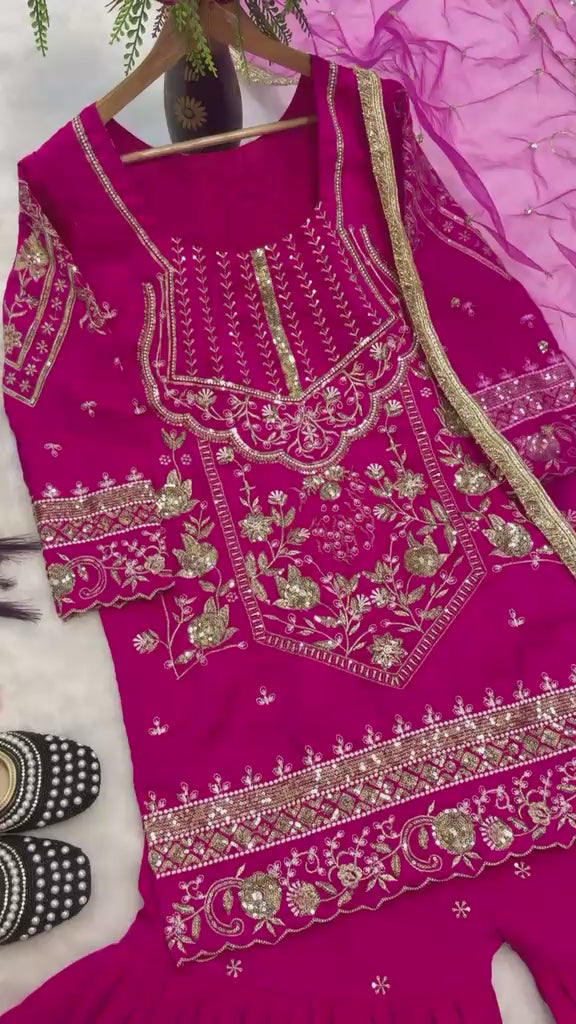 Heavy Sindoor Silk 3mm Sequence Embroidery Sharara Palazzo Set with Dupatta