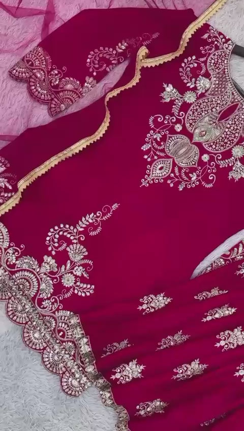 Fancy Chinon Silk Kurti with Flared Palazzo & Dupatta Set