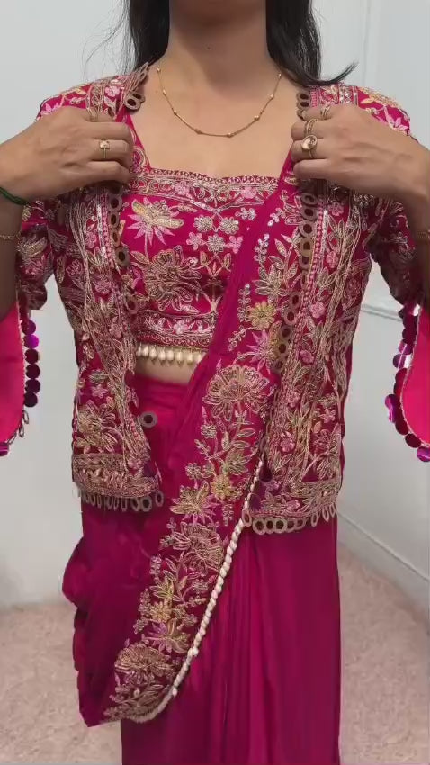 Ready To Wear Chinon Saree with Heavy Embroidered Koti Jacket Blouse