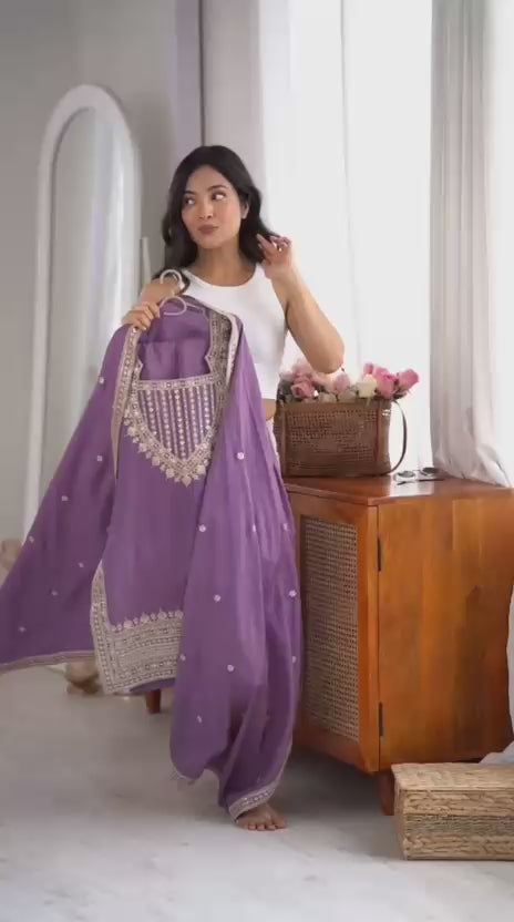 NC Vichitra Silk Embroidered Suit Set with Farshi Shalwar