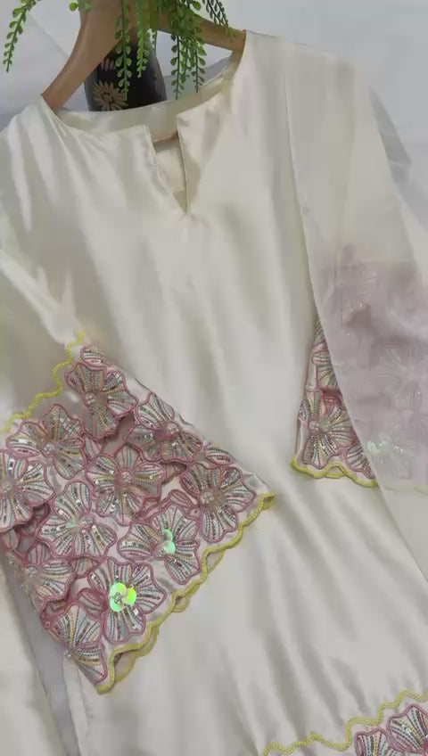 Moti Hand Work Natural Crep Silk Top & Farshi Salwar Set with Organza Dupatta