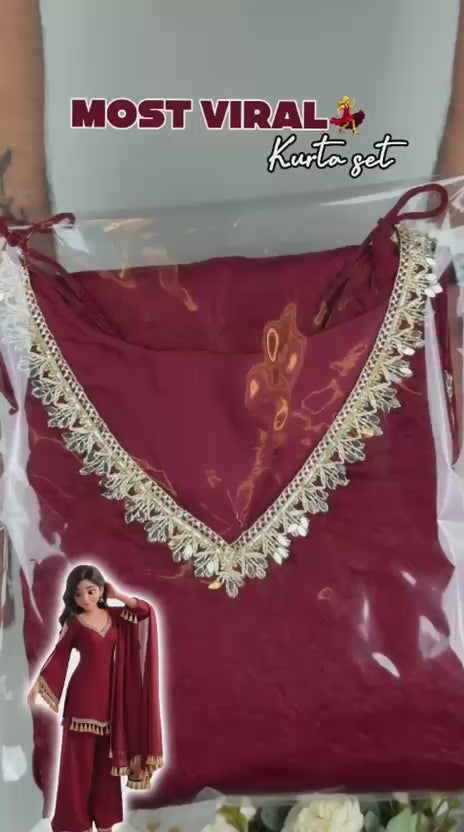 Champagne Doremon Crush Real Mirror Work Lace Border Kurti Palazzo & Dupatta Set