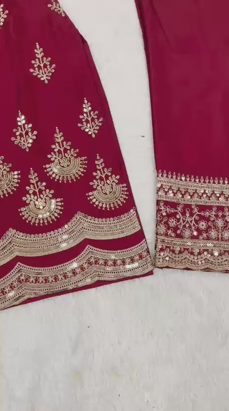 Maroon Natural Crepe Silk Heavy Embroidery Sequence Work Top Pant & Dupatta Set
