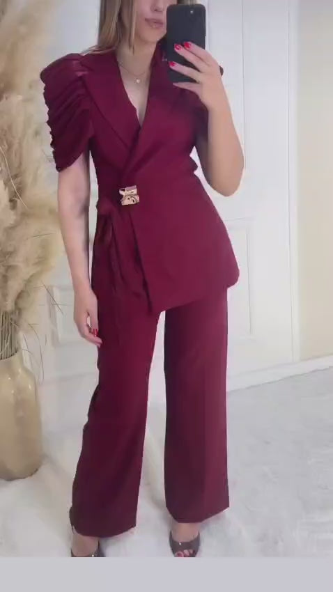 Knotted Blazer Set with Pleated Puff Sleeves