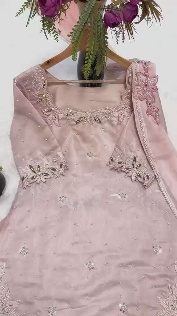 Heavy Roman Glass Silk Embroidery & Moti Work Top, Sharara Plazzo & Dupatta Set