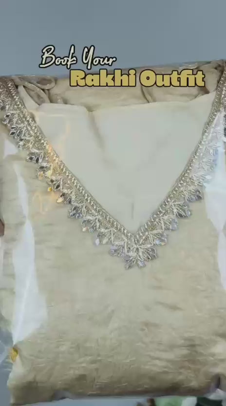 Champagne Doremon Crush Real Mirror Work Lace Border Kurti Palazzo & Dupatta Set