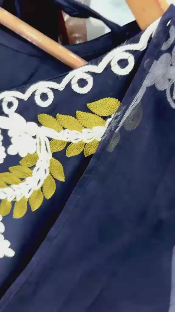 Designer Party Wear Navy Blue Satin Rayon Kaftan & Bottom with Dupatta Set