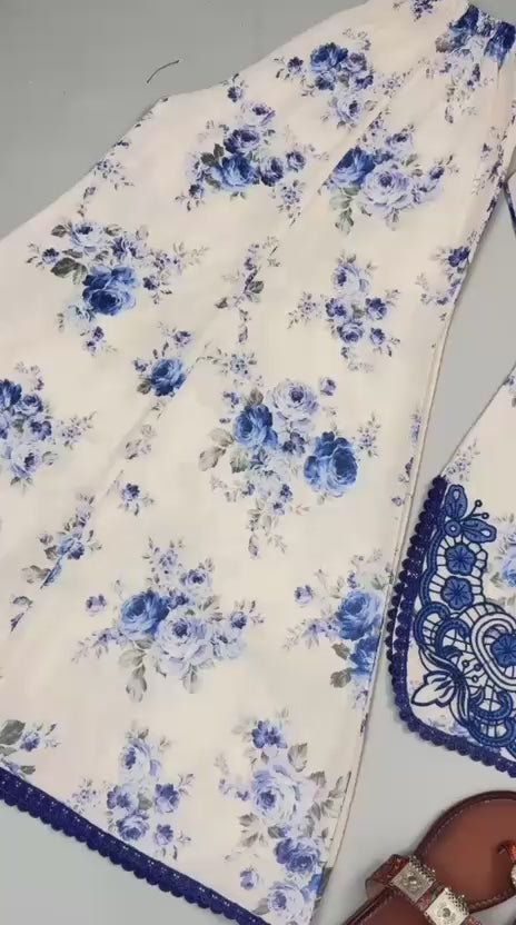 Designer Blue Floral Faux Georgette Embroidery Kurti Plazzo & Dupatta Set