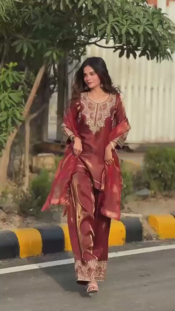 Heavy Fandy Silk Embroidery Top with Farshi Salwar & Dupatta