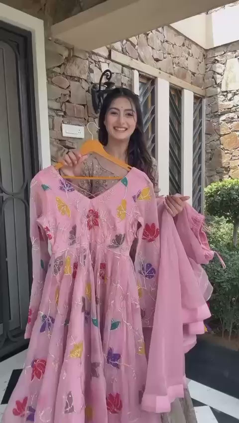 Designer Floral Embroidered Gown Sharara Set