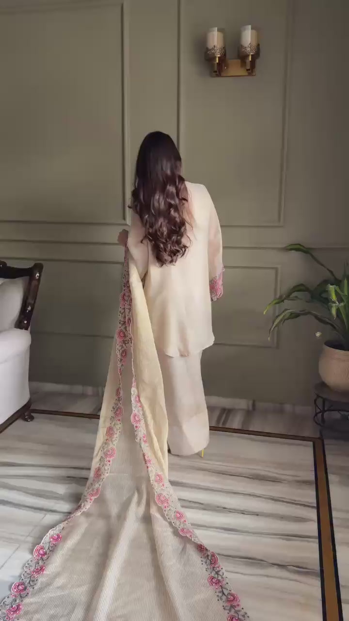 Cream Paisley Embroidered Pure Georgette Suit Set