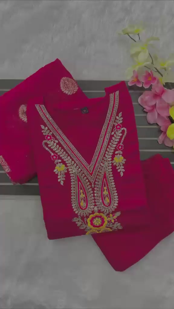 Rani Pink Roman Silk Embroidered Kurti Pant & Zari Dupatta Set