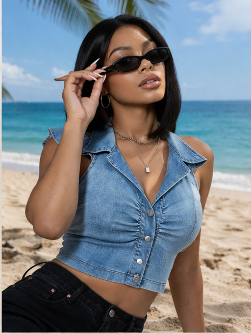 Denim Halter Neck Collar Crop Top